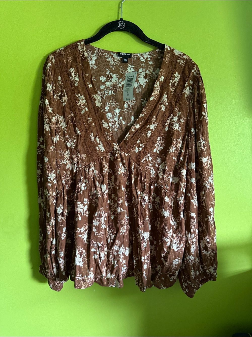 NWT Torrid Brown & Cream Floral Long Sleeve V Neck Babydoll Blouse Top Size 00/M